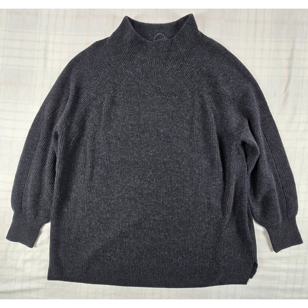 J. Jill Cashmere Sweater Ribbed Puff Sleeves Mock Neck Heather Gray XL NWT